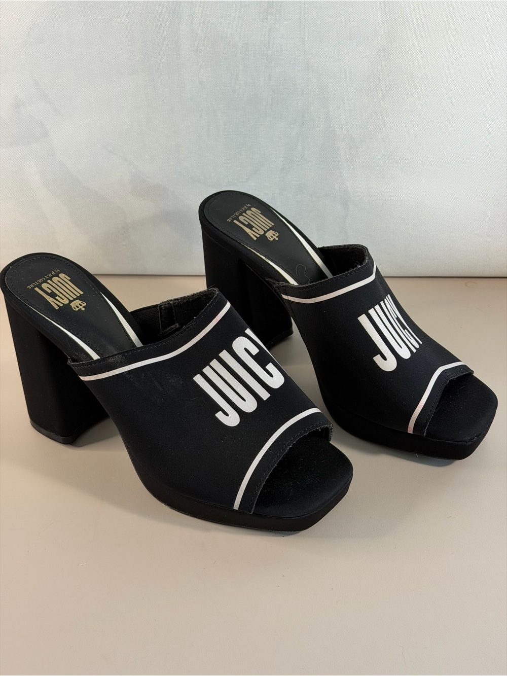Juicy Couture Black Open-Toe Logo Mule Heels